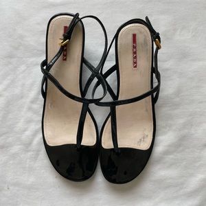 Prada Sport Patent Leather T-Strap Wedge Sandals.